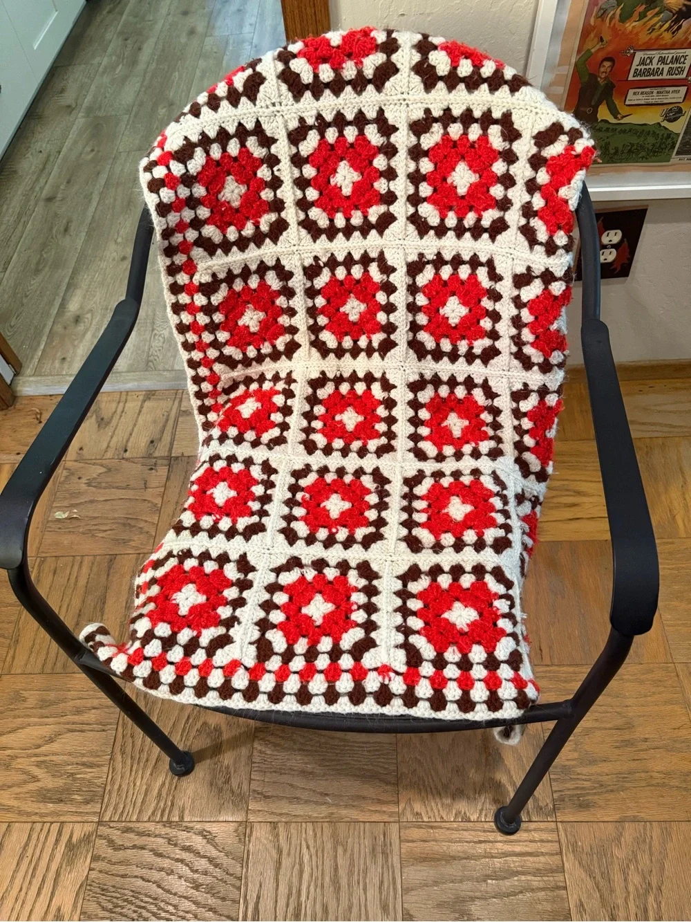 Vtg Handmade Fall Colors Orange, Cream Brown Crochet Granny Square Throw Afghan
